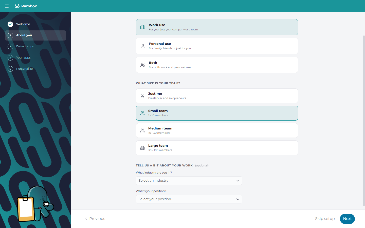 Wizard step 'About you': usage (Work use / Personal use / Both), team size, optional industry and position