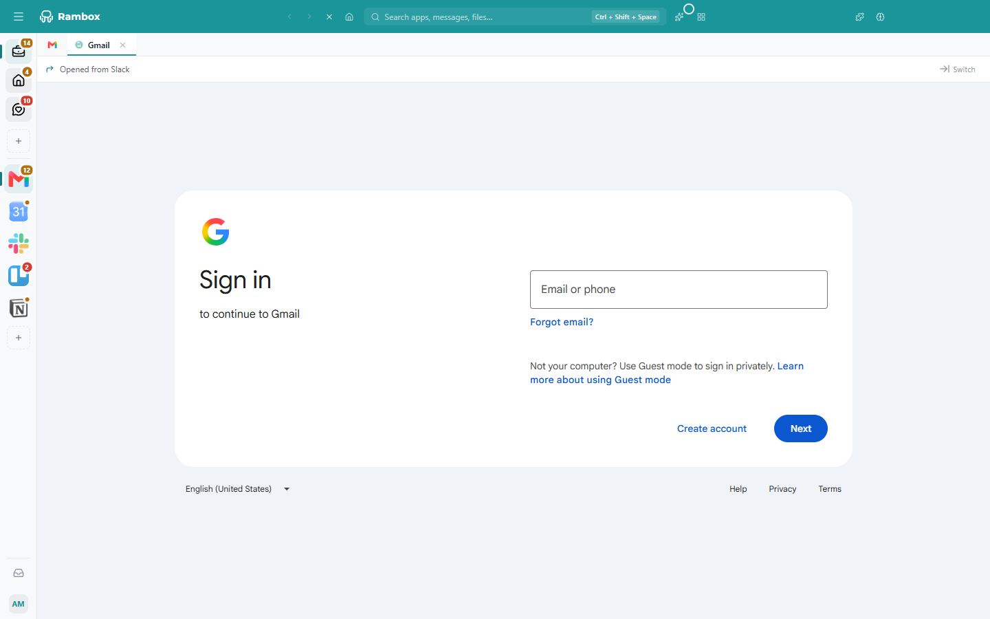 A tab inside Google Drive with the 'Opened from Slack' bar and the 'Switch' button
