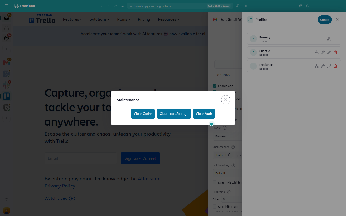 The Profiles panel with the wrench Maintenance dialog open showing Clear Cache, Clear LocalStorage and Clear Auth