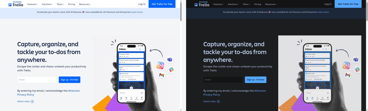 The same app before and after applying a dark user style