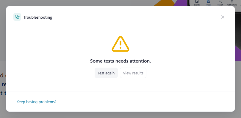 The summary view with the yellow warning icon, 'Some tests needs attention.' and the 'Test again' / 'View results' buttons