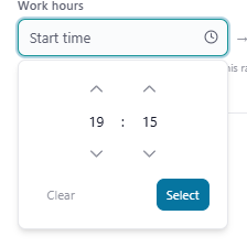 A time picker open, showing 15-minute steps and the 'Clear' / 'Select' buttons