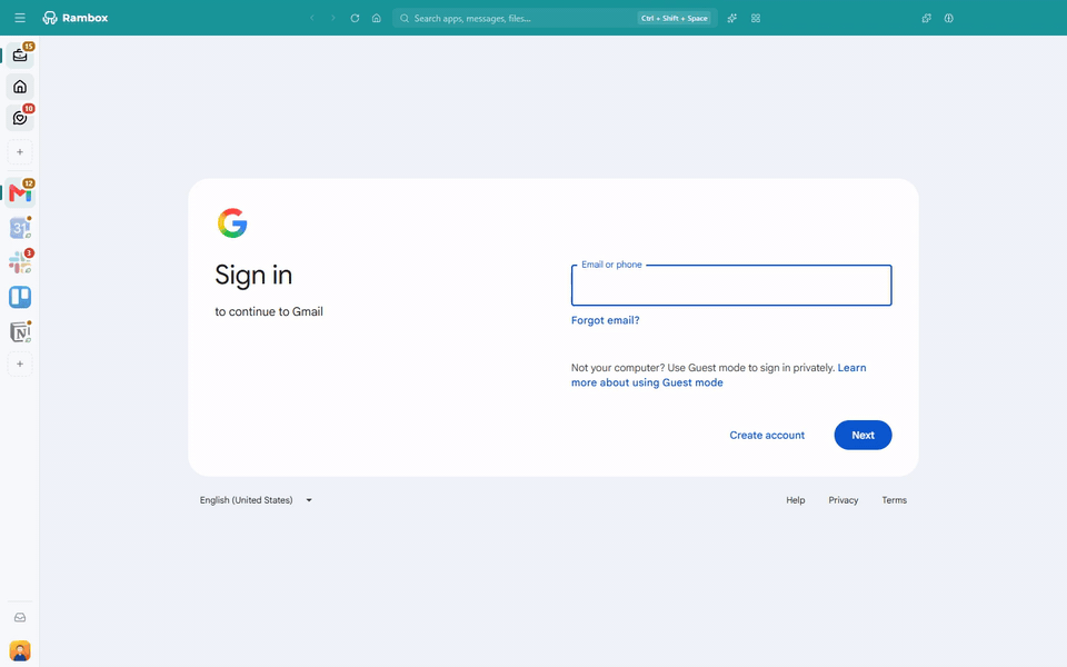 Switching between two Gmail apps that live in different workspaces (Work and Personal), each with its own session showing its own Google sign-in page