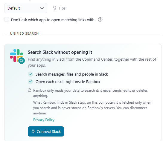 App settings drawer of a Slack app, 'Unified Search' section not connected: 'Search Slack without opening it', the privacy note and the 'Connect Slack' button