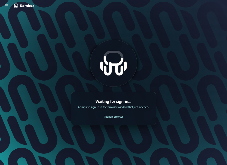 Rambox showing 'Waiting for sign-in…' with the 'Reopen browser' link
