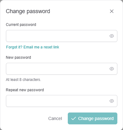 Console 'Change password' dialog with Current password, New password, Repeat new password and 'Forgot it? Email me a reset link'