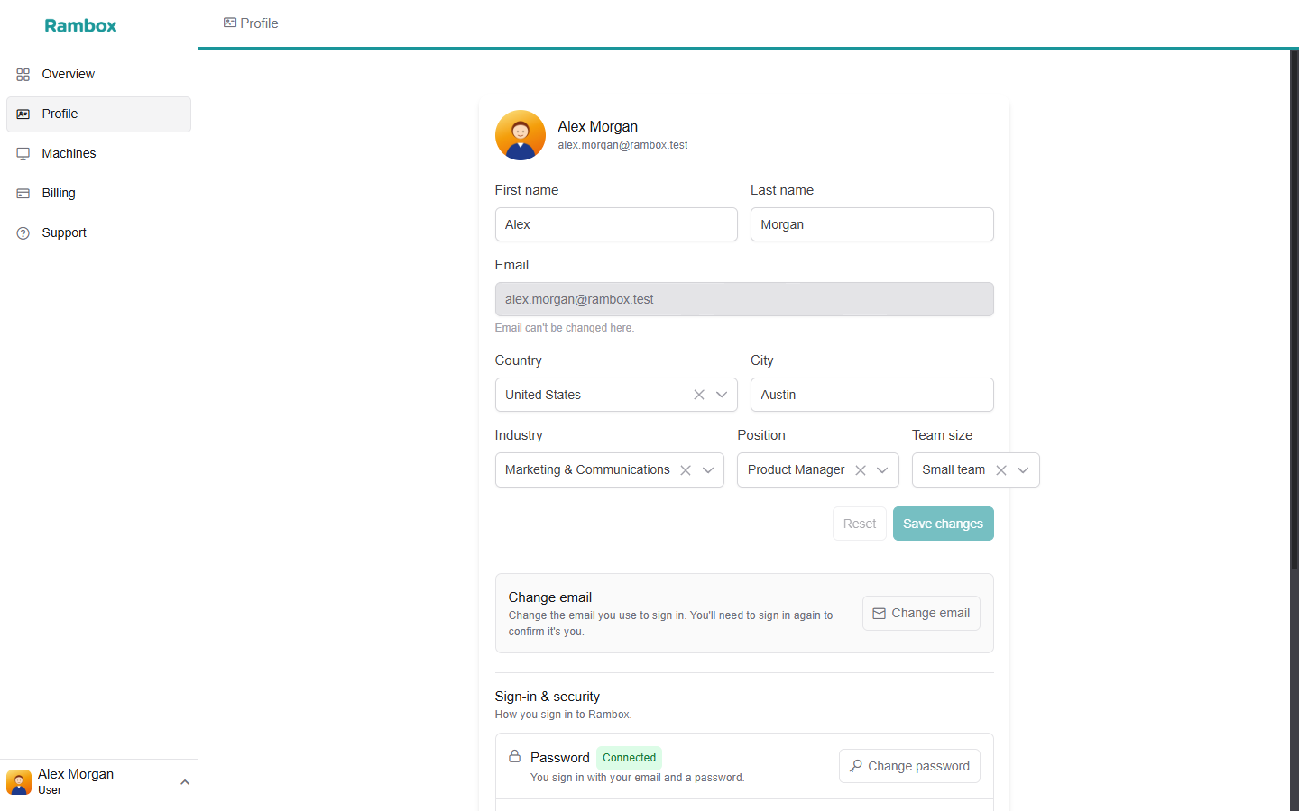 Console Profile page with the name fields, Email (read-only, 'Email can't be changed here.'), Country, City, Industry, Position, Team size, 'Reset' and 'Save changes'