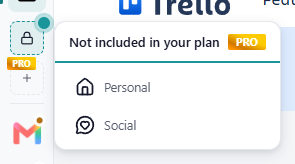 Sidebar overflow menu open on Basic, with the lock icon, 'Not included in your plan' title and PRO tag over the locked workspaces
