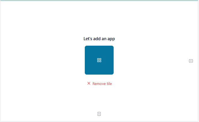 An empty tile with 'Let's add an app', the big grid-icon button, the 'Remove tile' link, and the Split right / Split down icons at the right and bottom edges