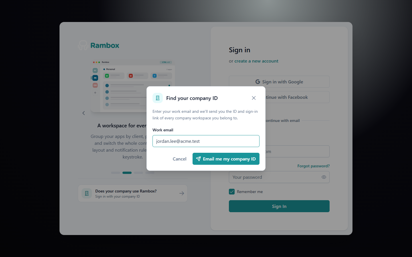 'Find your company ID' dialog with the Work email field and the 'Email me my company ID' button