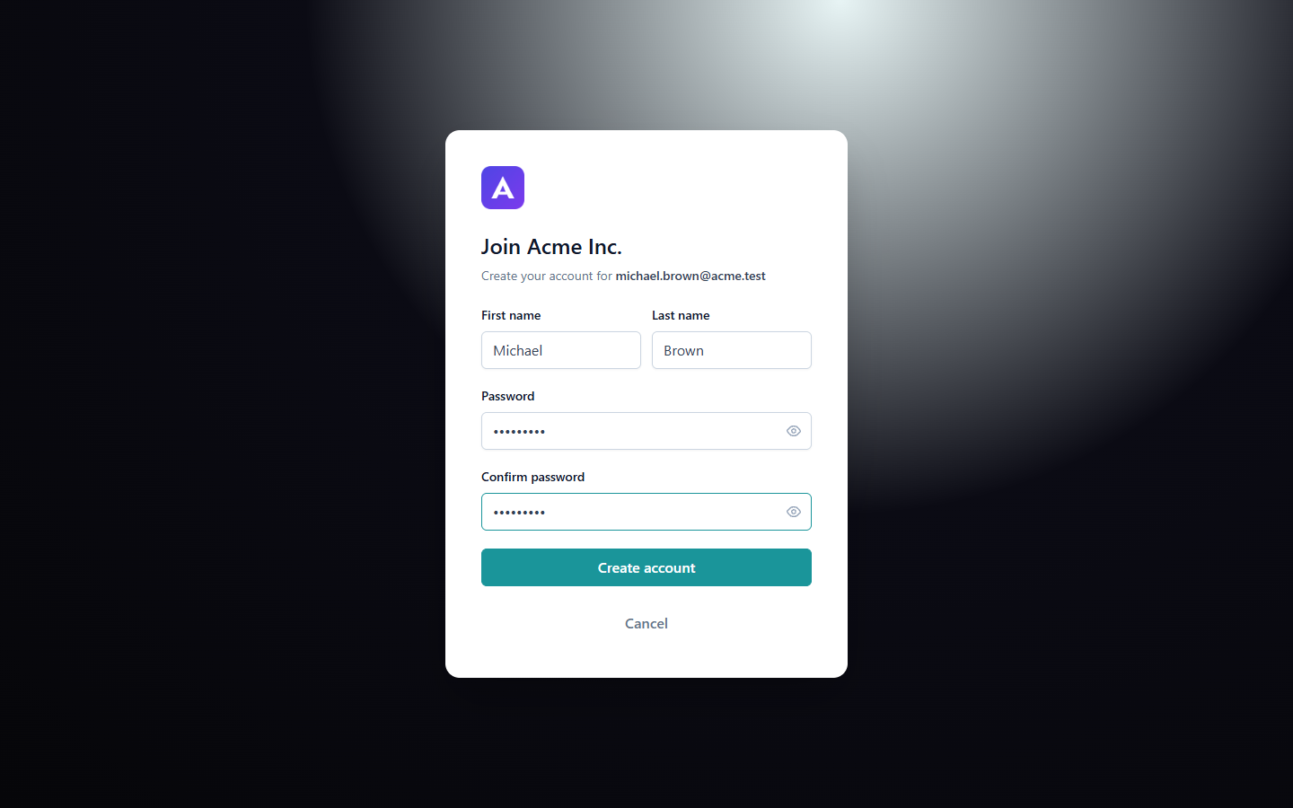 auth 'Join Acme' page with the company logo, First name, Last name, Password and Confirm password fields and the Create account button