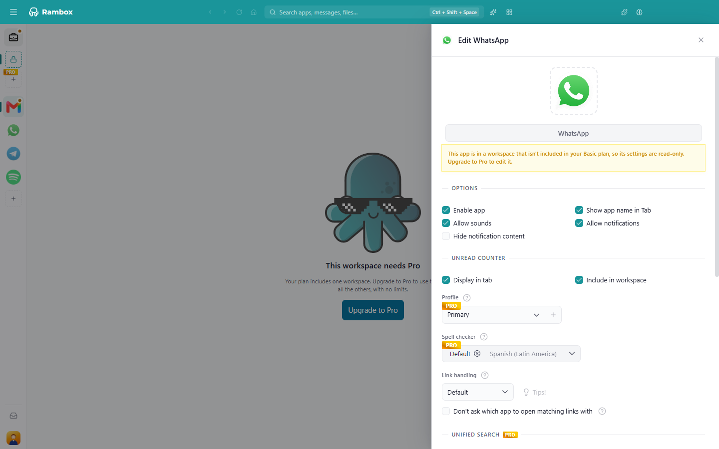 App settings opened read-only, with the 'This app is in a workspace that isn't included in your Basic plan…' alert