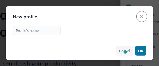 The 'New profile' dialog with the 'Profile's name' field