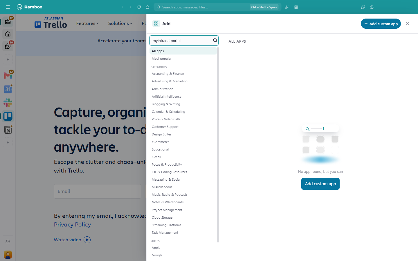 The catalog search with no results: 'No app found, but you can' and the 'Add custom app' button