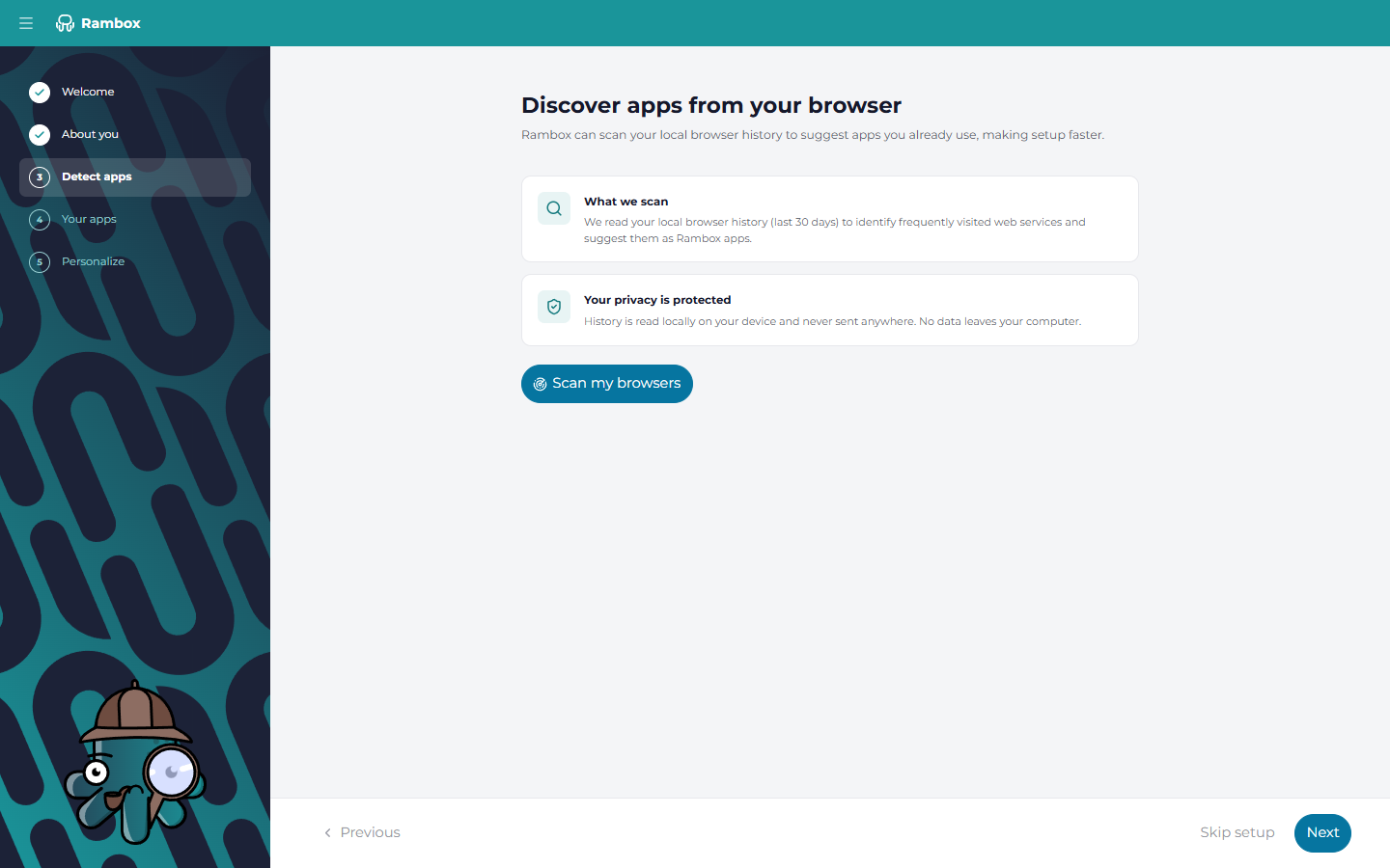 Wizard step 'Detect apps' before scanning: 'Discover apps from your browser', the 'What we scan' and 'Your privacy is protected' boxes, and the 'Scan my browsers' button
