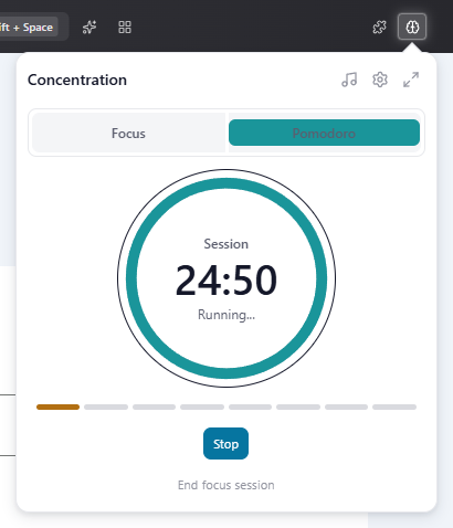 The Concentration panel in Pomodoro mode with a session running: ring timer, round indicator, 'Stop' and 'End focus session'
