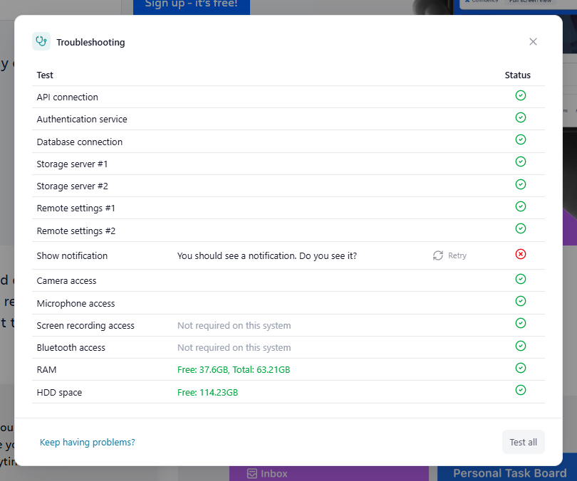 Full results table on Windows: green check icons on the server rows, Camera and Microphone granted, Screen and Bluetooth 'Not required on this system', a failed notification row, and the RAM and HDD rows with their Free/Total values