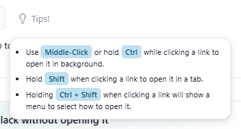 The 'Tips!' popover in app settings with the three key + click tips
