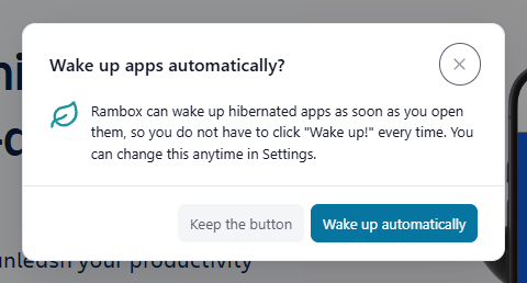 The 'Wake up apps automatically?' dialog with 'Keep the button' and 'Wake up automatically'