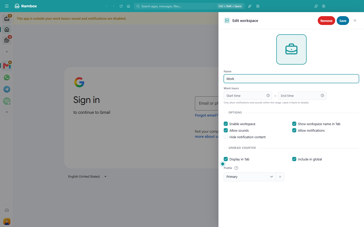 The 'Edit workspace' panel with the 'Remove' button highlighted