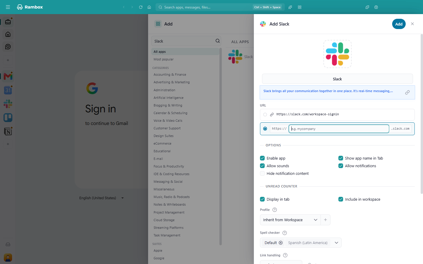 App settings in add mode, top half: logo, name, description box with its link button, URL, Options and Unread counter sections