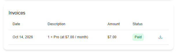 'Invoices' card with a few paid invoices and the download icon on each row