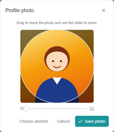'Profile photo' crop dialog with the zoom slider and 'Save photo'