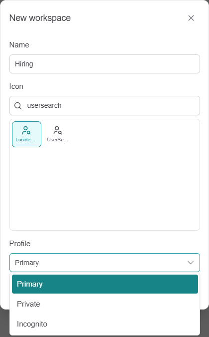 'New workspace' dialog with Name 'Hiring', Icon picker and Profile select (Primary / Private / Incognito)