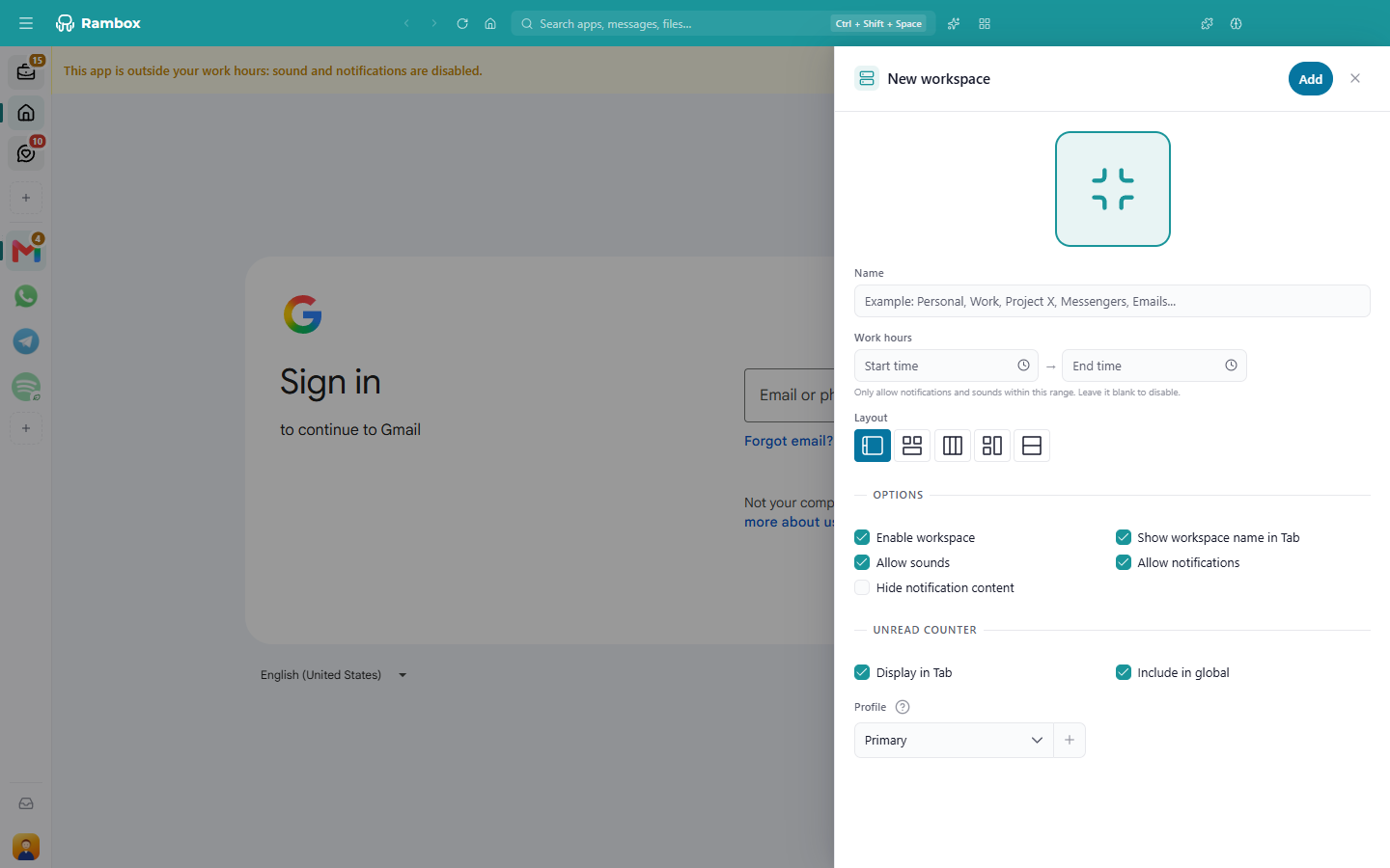 The 'New workspace' panel: icon, Name, Work hours, Layout picker, Options, Unread counter, Profile, and the 'Add' button