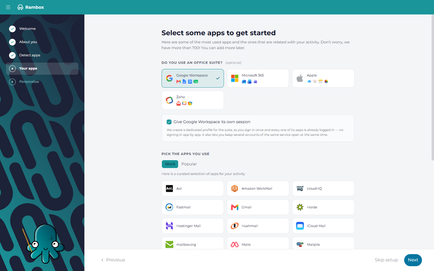Wizard step 'Your apps': office suites with Google Workspace picked and its 'Give Google Workspace its own session' checkbox, and the Work / Popular app lists below