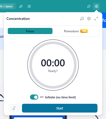 The Concentration panel on a Basic account: the PRO ribbon on the 'Pomodoro' option, and the Focus mode selected with 'Infinite (no time limit)' turned on