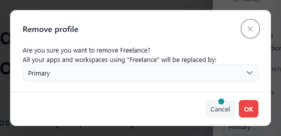 The 'Remove profile' dialog with the replacement profile selector