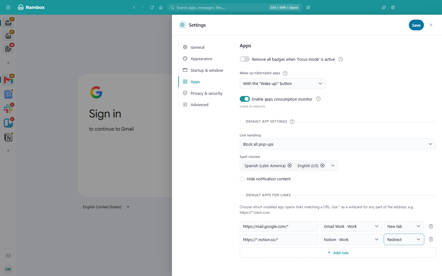 Settings → Apps → 'Default apps for links' with one rule row (URL pattern, app, method, trash icon) and the 'Add rule' button