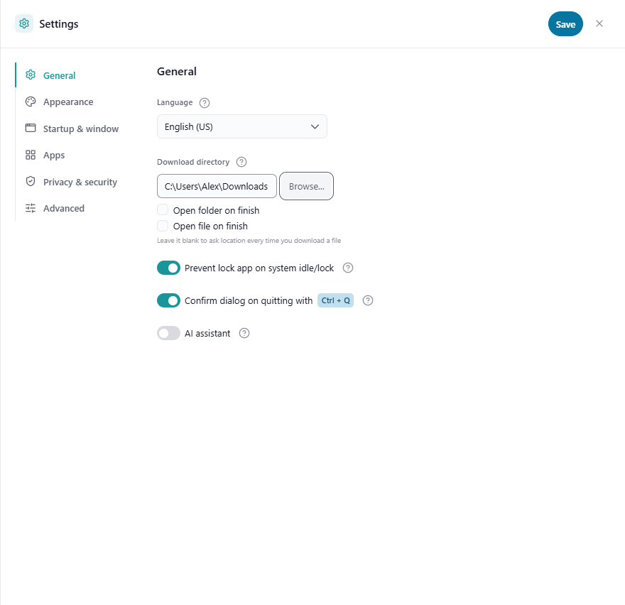 Settings › General: Language, Download directory with 'Browse...', Open folder/file on finish, and the switches Prevent lock app, Confirm dialog on quitting, AI assistant