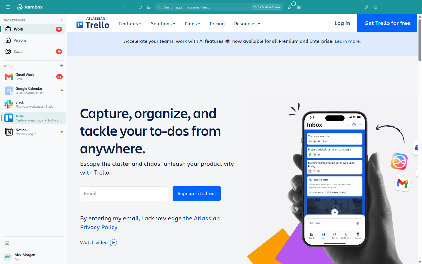 Expanded sidebar with the 'Workspaces' and 'Apps' headers, names, page titles and unread counts