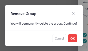 The workspace removal confirmation with 'OK' and 'Cancel'