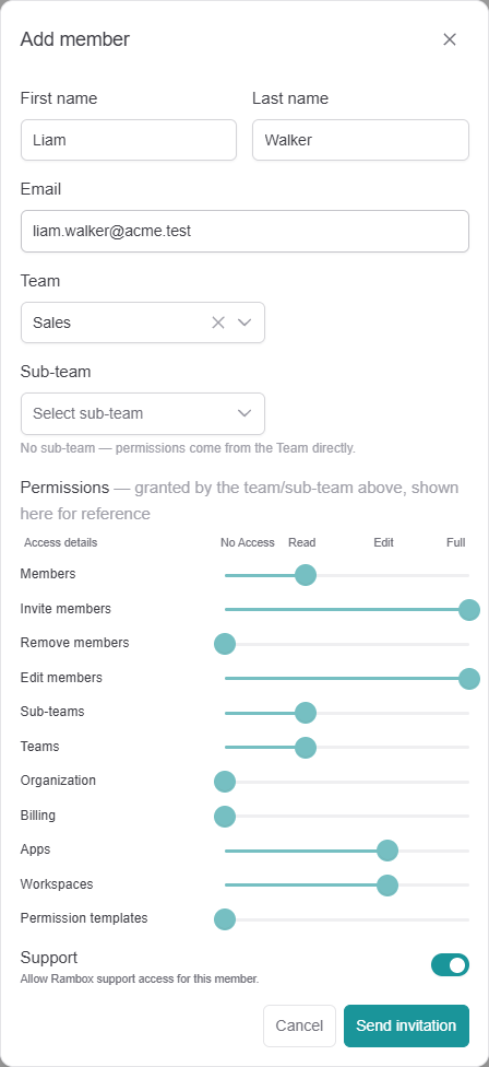 'Add member' dialog with name, email, Team 'Sales', and the read-only permissions matrix