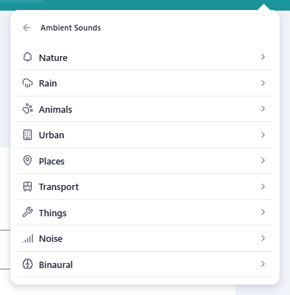 The 'Ambient Sounds' view with its categories (Nature, Rain, Animals, Urban, Places, Transport, Things, Noise and Binaural), before any sound is playing