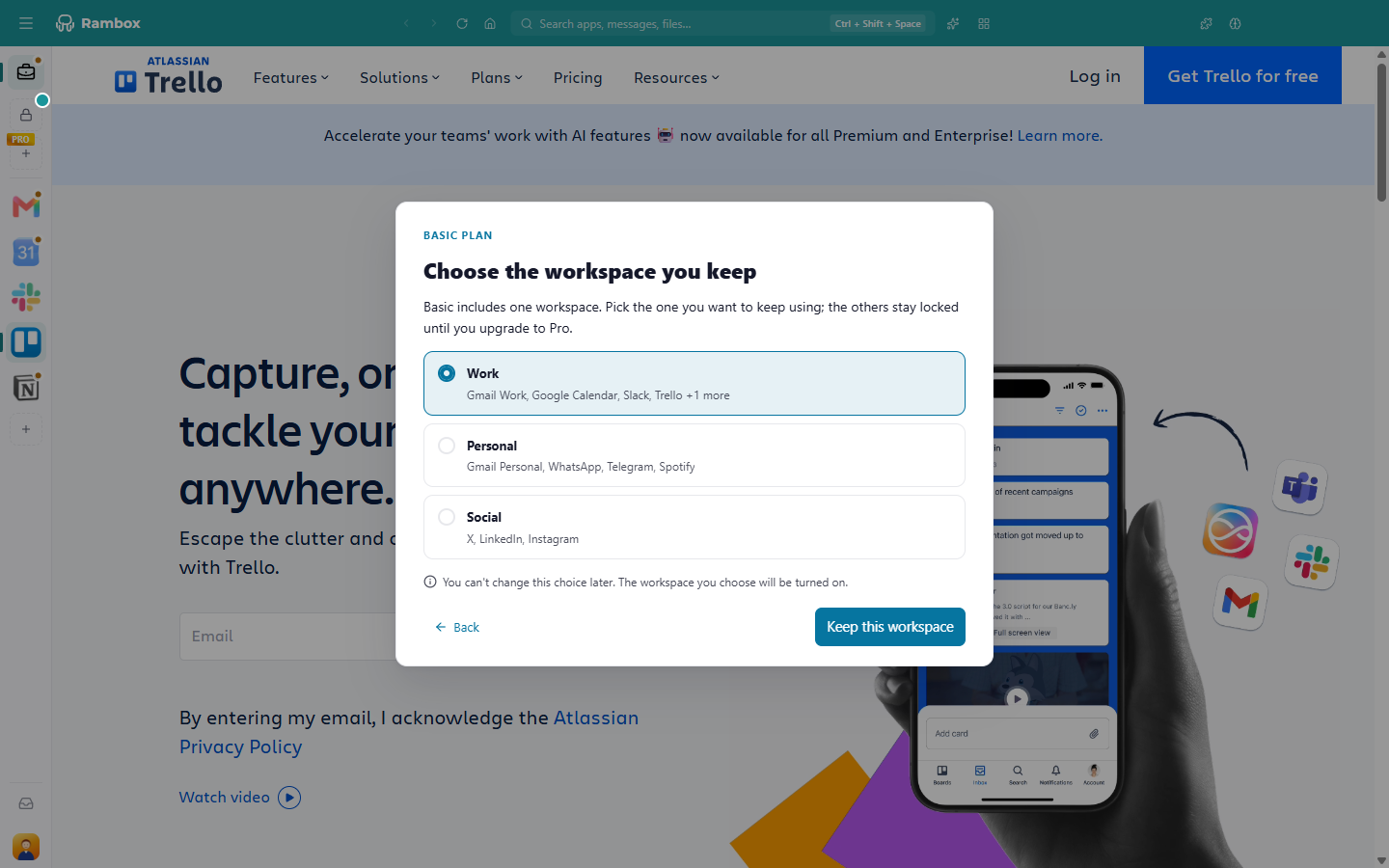 Basic plan dialog, step 'Choose the workspace you keep', with the workspaces as a list of options showing their app names, one selected, and 'Keep this workspace'