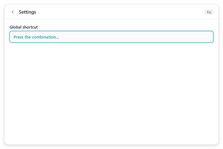The Command Center 'Settings' view with the 'Global shortcut' field recording ('Press the combination…')