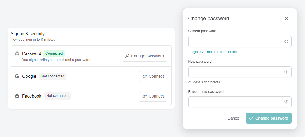 'Sign-in & security' section with the Password row, connected sign-in methods with 'Connect'/'Disconnect', and the 'Change password' dialog