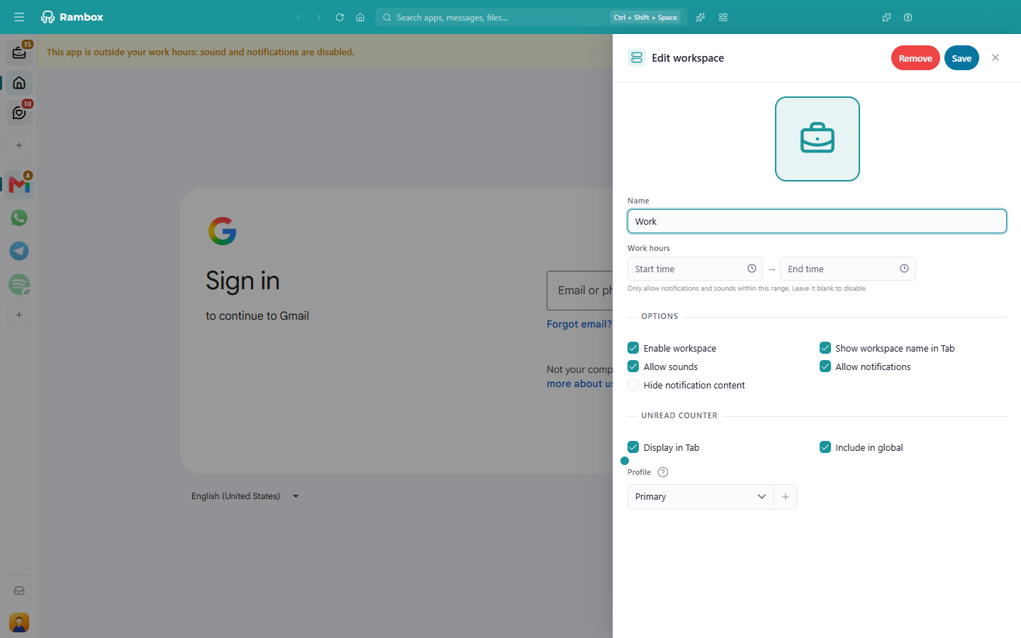 The 'Edit workspace' panel with the 'Remove' and 'Save' buttons at the top (no Layout field)