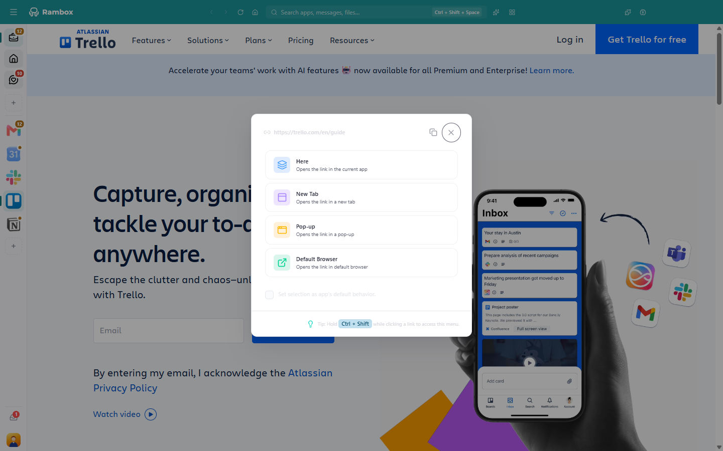 The link chooser opened from 'Choose how to open it': the link with its copy icon, the Here / New Tab / Pop-up / Default Browser cards and the 'Set selection as app's default behavior.' checkbox