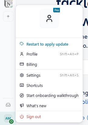 Profile menu with 'Restart to apply update' at the top and the dot on the avatar