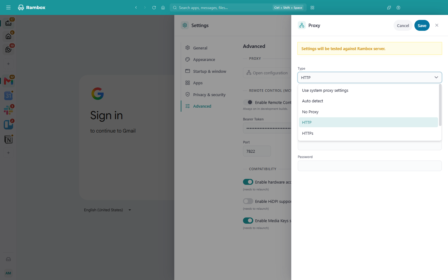 The Proxy panel with the Type list open and Host name / Port / Username / Password fields
