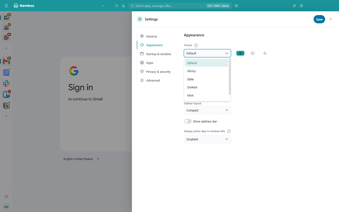 Settings › Appearance with the Theme list open (Default, Glossy, Slate, Darkest, Mint, Pink) and the Light / System / Dark selector next to it