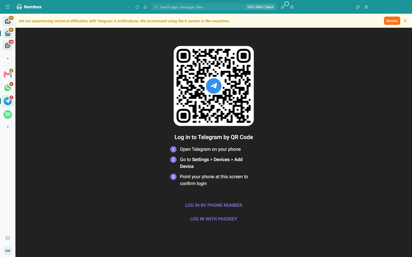 A warning banner at the top of an app with a short note from the Rambox team and the 'Dismiss' button