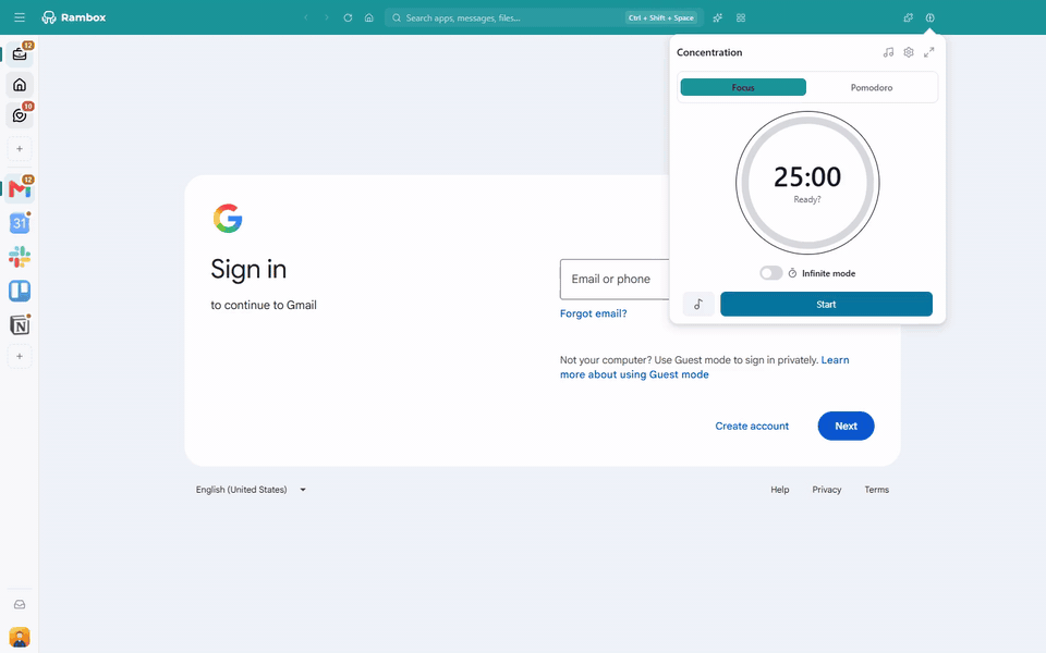 Clicking 'Start' with Fullscreen focus on: the Rambox window blurs behind the big timer card