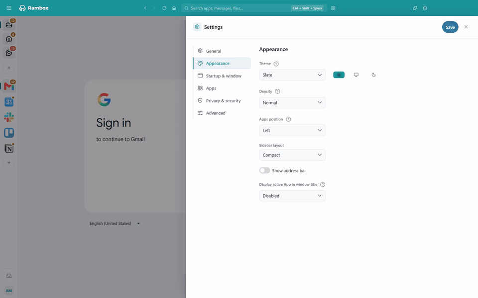 Choosing Dark and the Slate theme and clicking Save to see the window change, then reopening Settings to go back to Light and Default