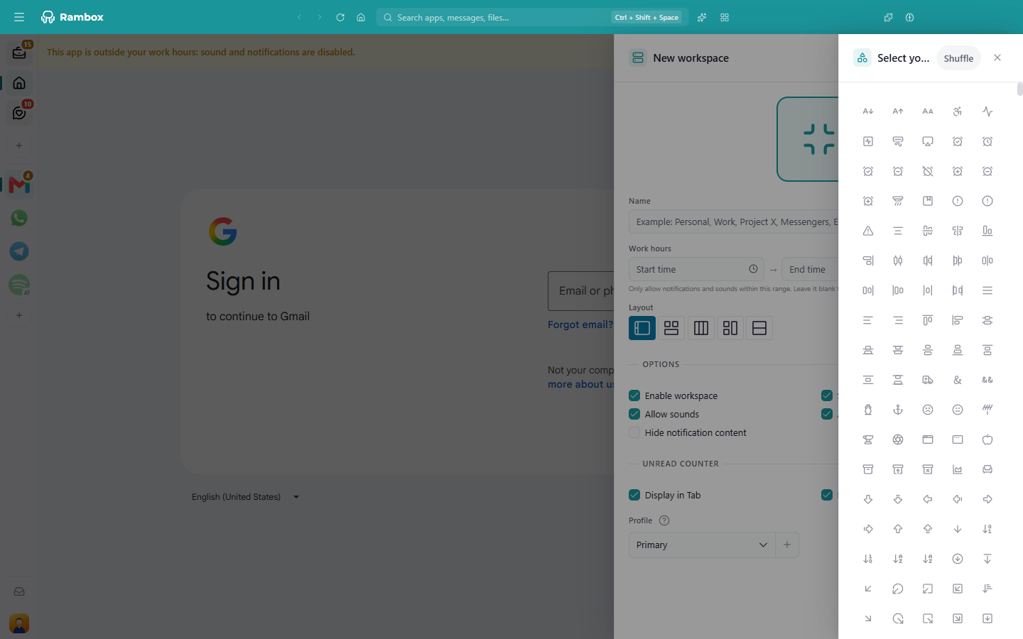 The icon selection panel with the icon gallery and the 'Shuffle' button
